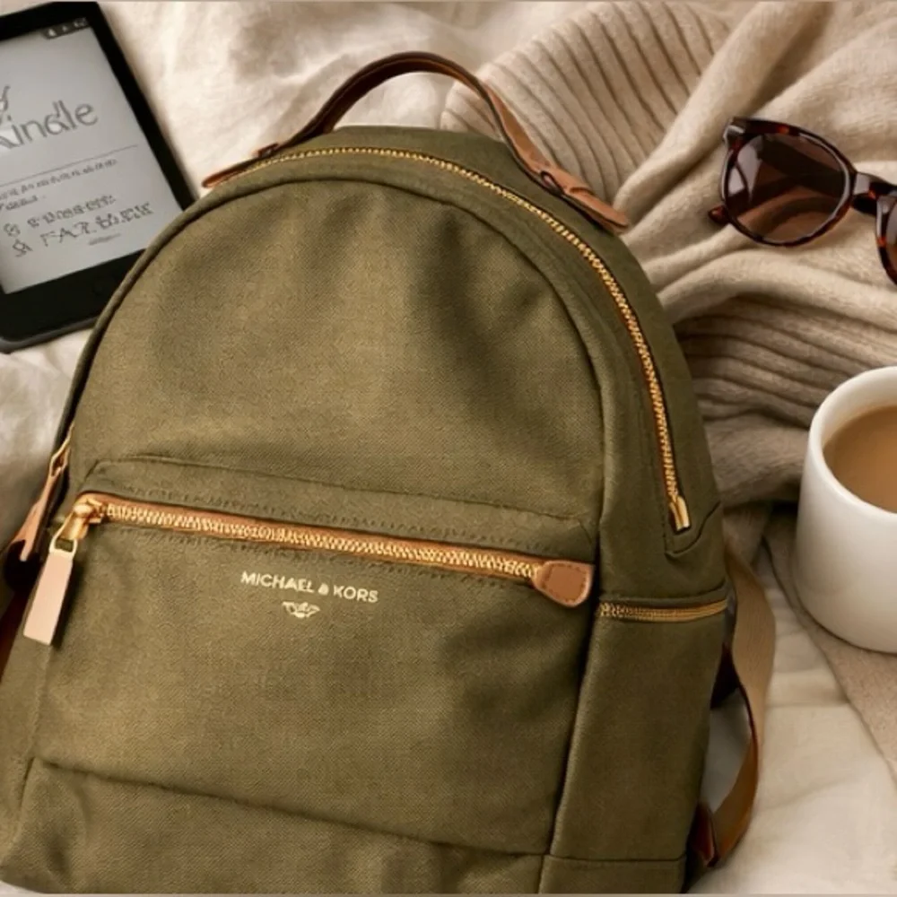 Michael Kors Olive Green Backpack Gold Hardware Travel Commuter Bag Like New